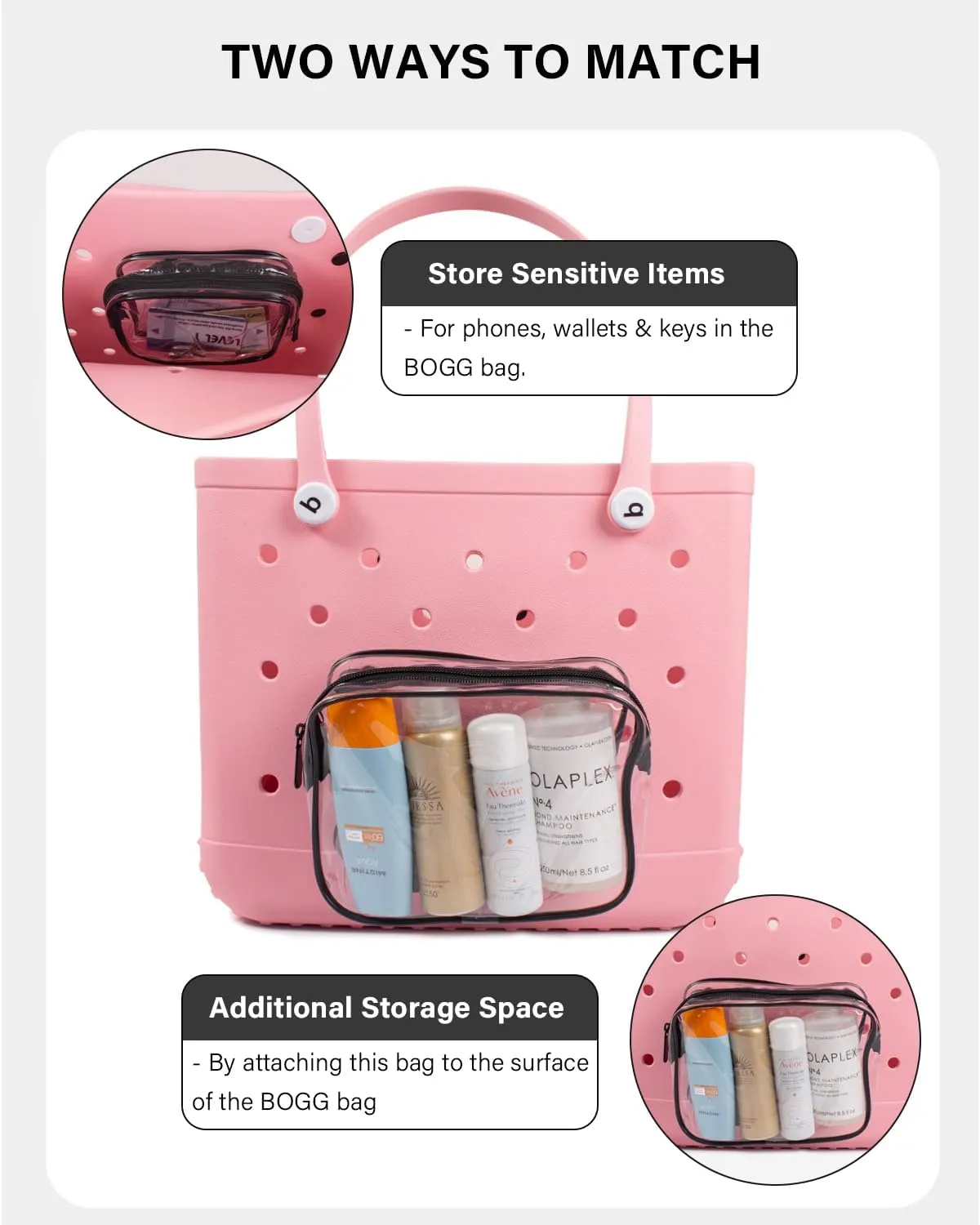 LETGO 4 Packs Clear Bogg Beach Tote Bag with 4 Insert Hooks Accessories for Bogg Bags Travel Makeup Clean Toiletry Brush Organizer Cosmetic Divider Storage Inner Pouch (Bogg Clear Black, Pack of 8)