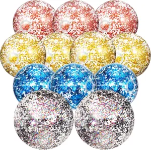 Lewtemi 12 Pcs 24 Inch 16 Inch Inflatable Glitter Beach Balls Clear Confetti Swimming Jumbo Pool Balls for Outdoor Pool Party Decorations Summer Favors(Gold, Rose Gold, Purple)