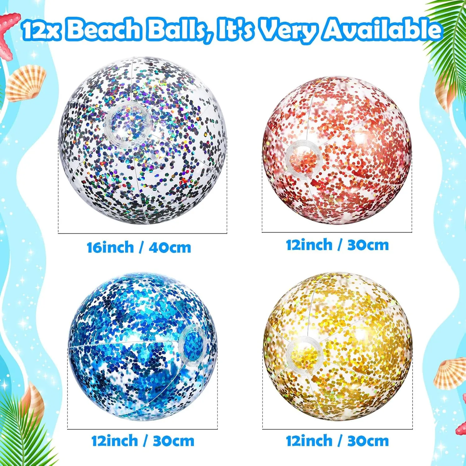 Lewtemi 12 Pcs 24 Inch 16 Inch Inflatable Glitter Beach Balls Clear Confetti Swimming Jumbo Pool Balls for Outdoor Pool Party Decorations Summer Favors(Gold, Rose Gold, Purple)