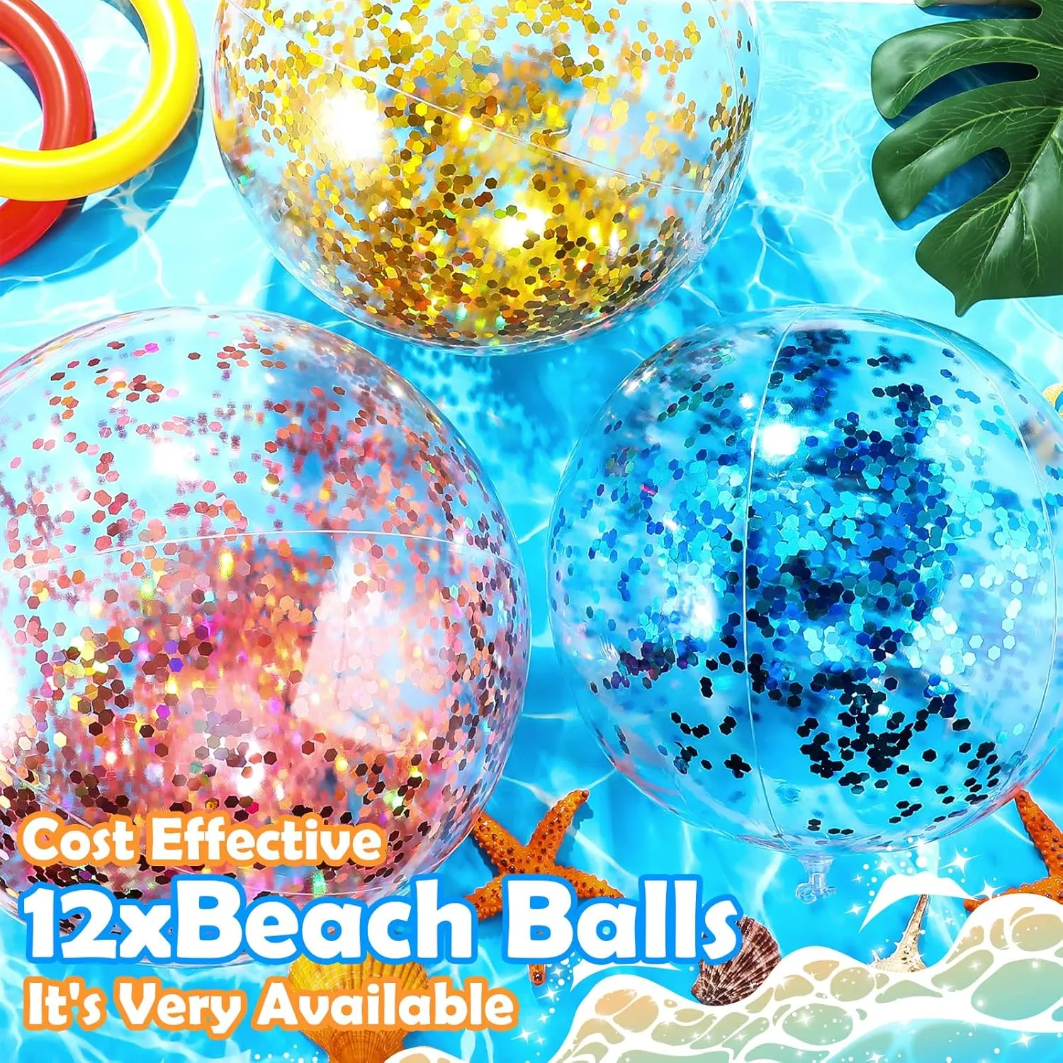 Lewtemi 12 Pcs 24 Inch 16 Inch Inflatable Glitter Beach Balls Clear Confetti Swimming Jumbo Pool Balls for Outdoor Pool Party Decorations Summer Favors(Gold, Rose Gold, Purple)