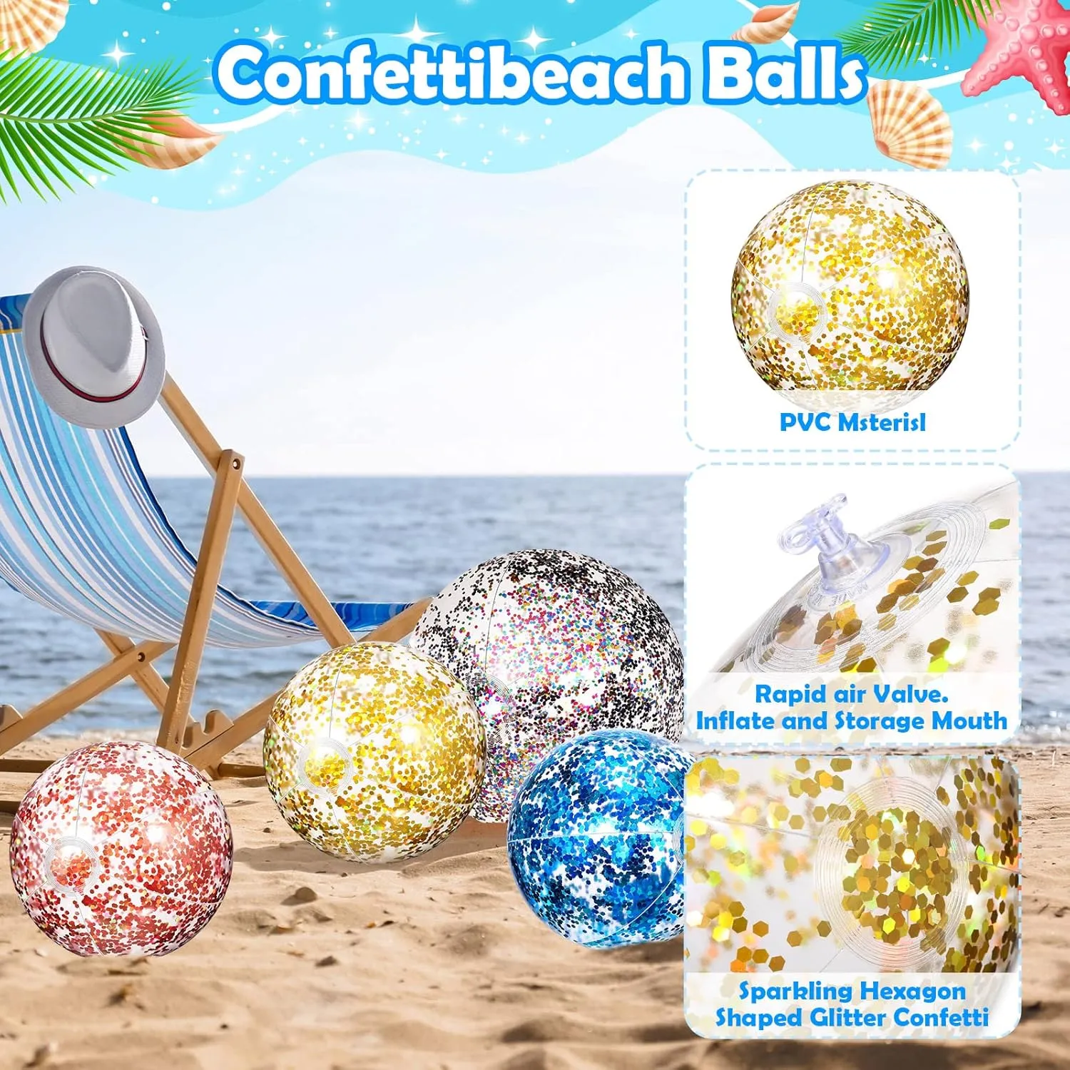 Lewtemi 12 Pcs 24 Inch 16 Inch Inflatable Glitter Beach Balls Clear Confetti Swimming Jumbo Pool Balls for Outdoor Pool Party Decorations Summer Favors(Gold, Rose Gold, Purple)
