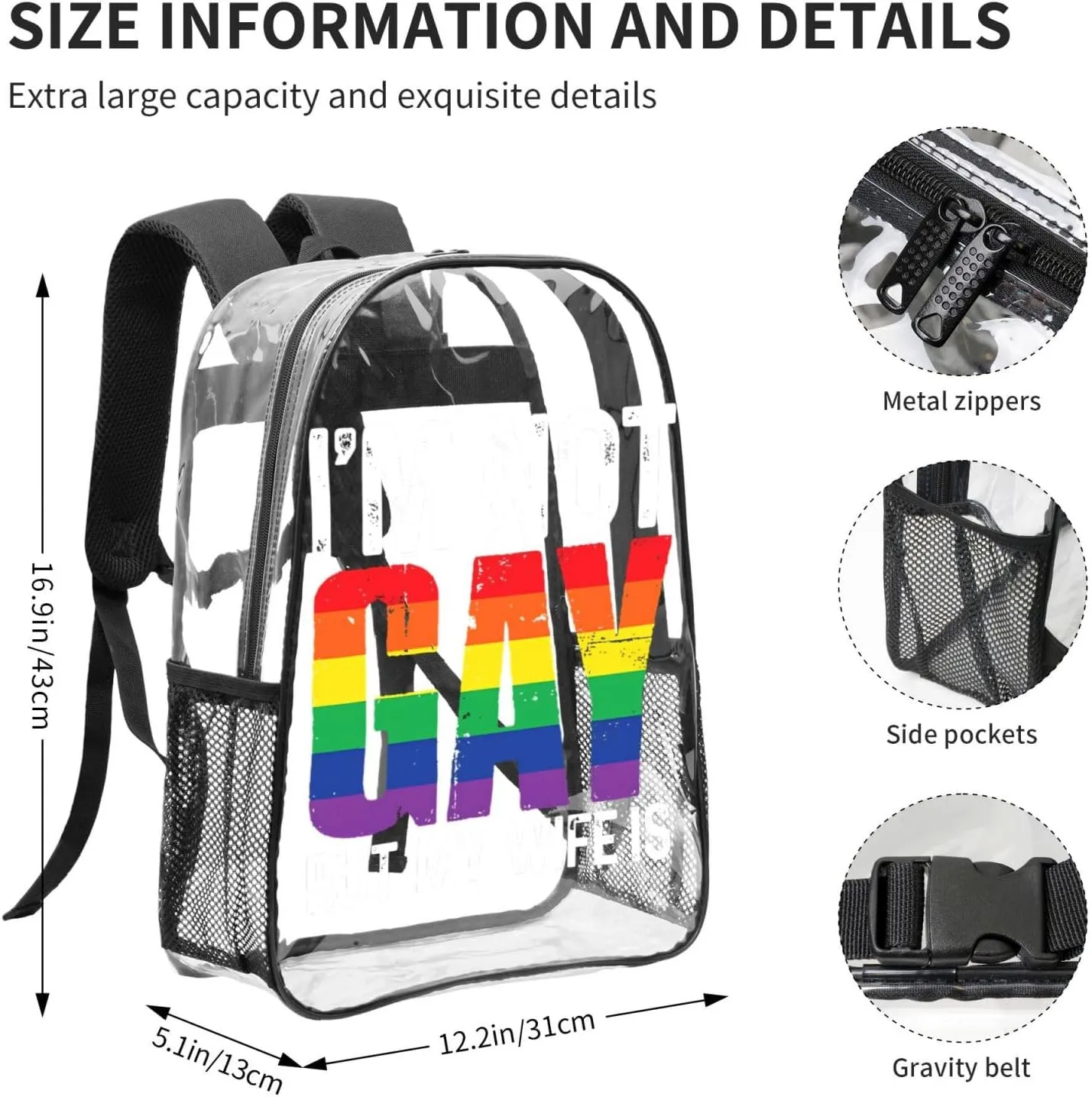 LGBT Pride Rainbow Gay I am Not Gay But My Wife 16 Inch Clear PVC Backpacks Transparent Backpack Multipurpose Double Shoulder Bag for Men Women Gifts