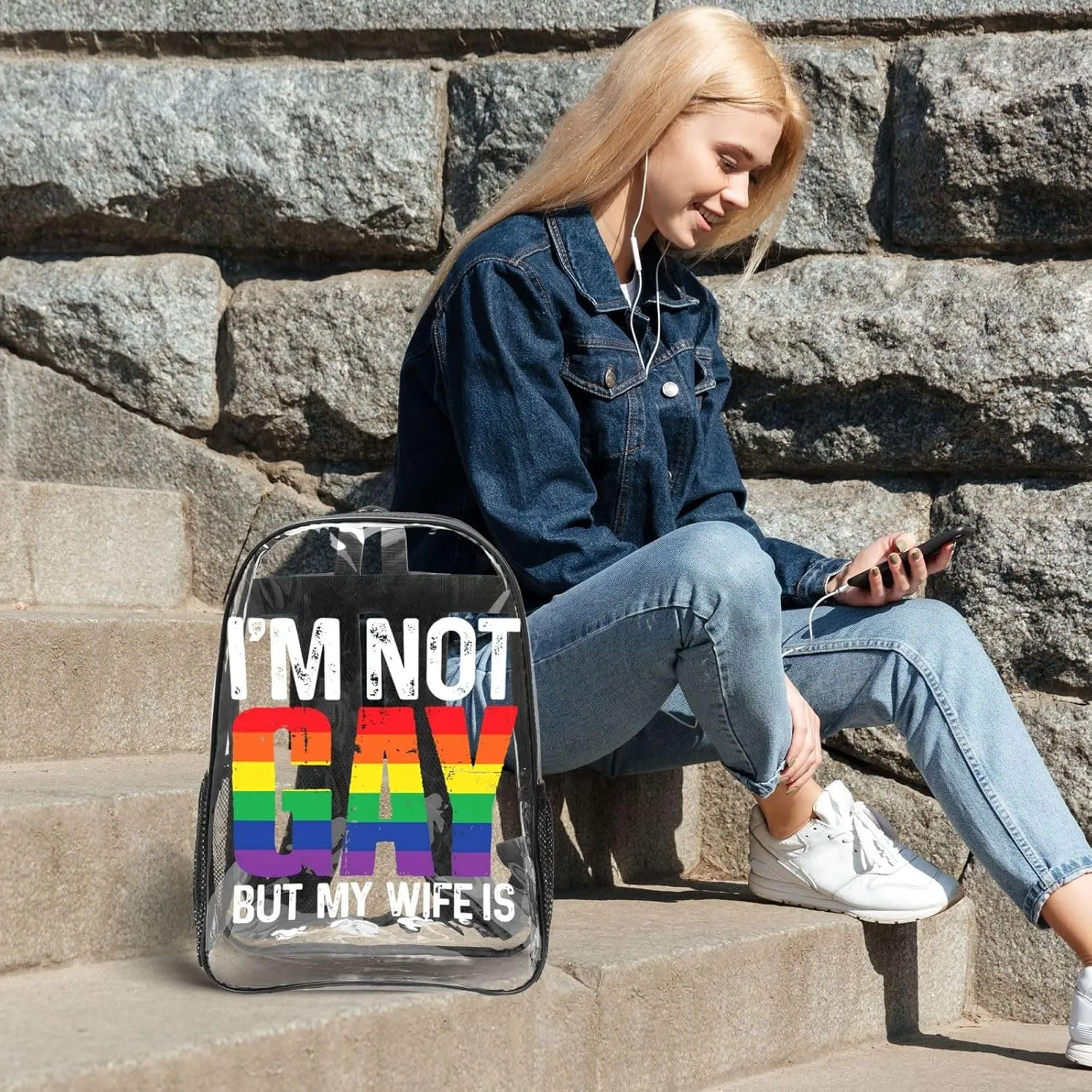 LGBT Pride Rainbow Gay I am Not Gay But My Wife 16 Inch Clear PVC Backpacks Transparent Backpack Multipurpose Double Shoulder Bag for Men Women Gifts