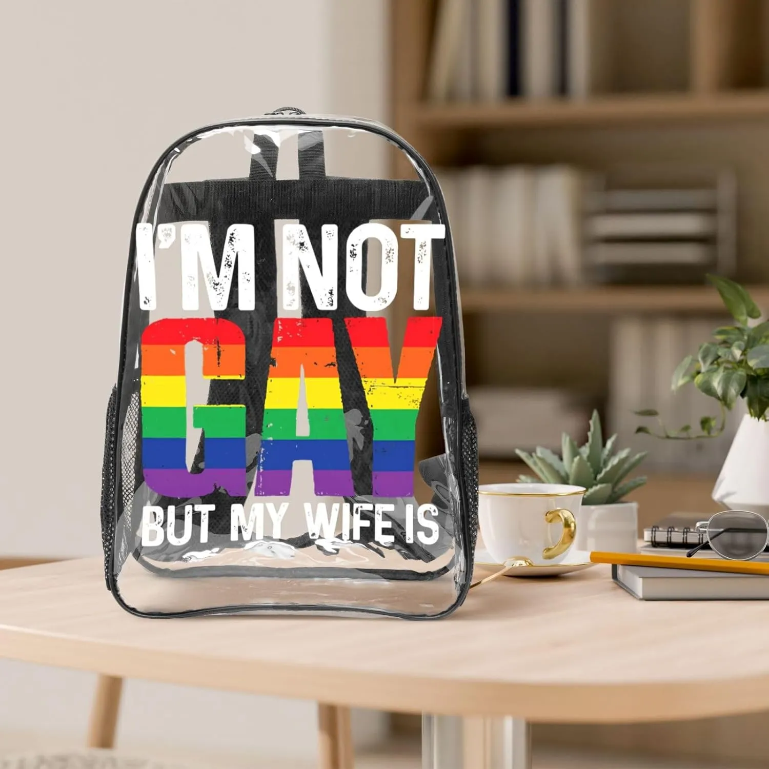 LGBT Pride Rainbow Gay I am Not Gay But My Wife 16 Inch Clear PVC Backpacks Transparent Backpack Multipurpose Double Shoulder Bag for Men Women Gifts
