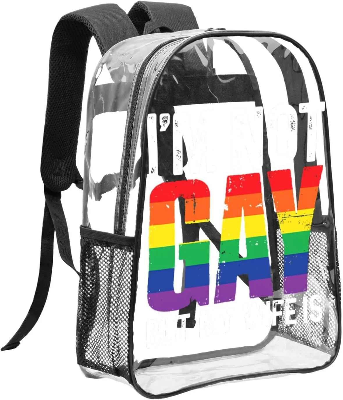 LGBT Pride Rainbow Gay I am Not Gay But My Wife 16 Inch Clear PVC Backpacks Transparent Backpack Multipurpose Double Shoulder Bag for Men Women Gifts