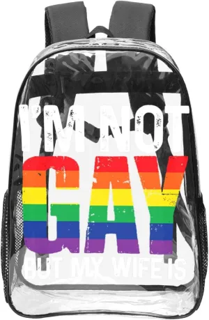 LGBT Pride Rainbow Gay I am Not Gay But My Wife 16 Inch Clear PVC Backpacks Transparent Backpack Multipurpose Double Shoulder Bag for Men Women Gifts