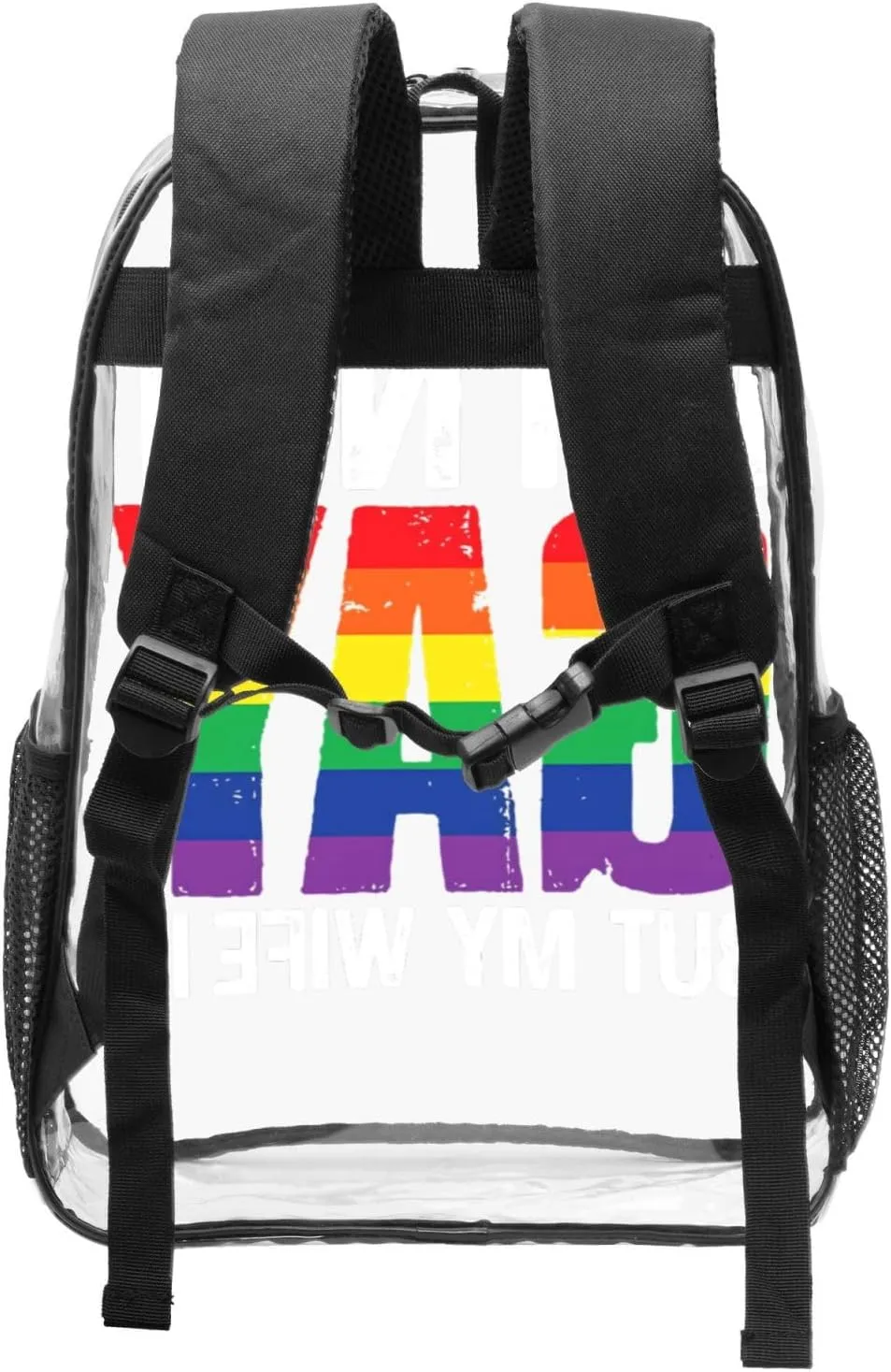 LGBT Pride Rainbow Gay I am Not Gay But My Wife 16 Inch Clear PVC Backpacks Transparent Backpack Multipurpose Double Shoulder Bag for Men Women Gifts
