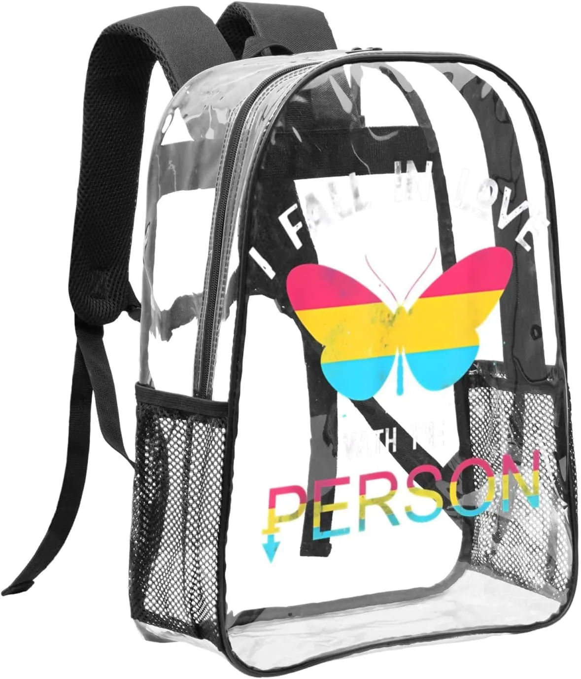 LGBT Rainbow Gay Pride Flag Butterfly I fall in love with the person Queer Pansexual 16 Inch Clear PVC Backpacks Transparent Backpack Multipurpose Double Shoulder Bag for Men Women Gifts