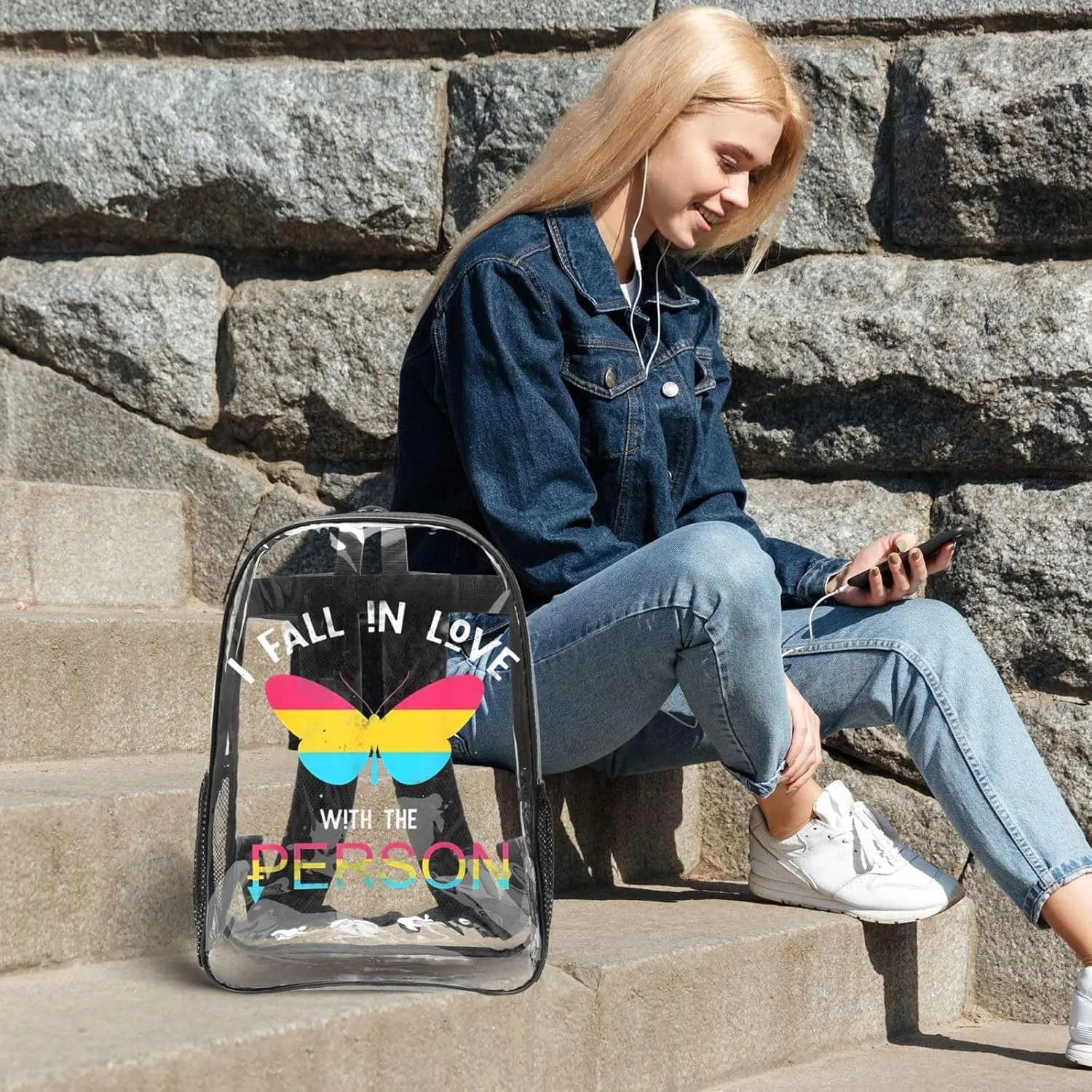 LGBT Rainbow Gay Pride Flag Butterfly I fall in love with the person Queer Pansexual 16 Inch Clear PVC Backpacks Transparent Backpack Multipurpose Double Shoulder Bag for Men Women Gifts