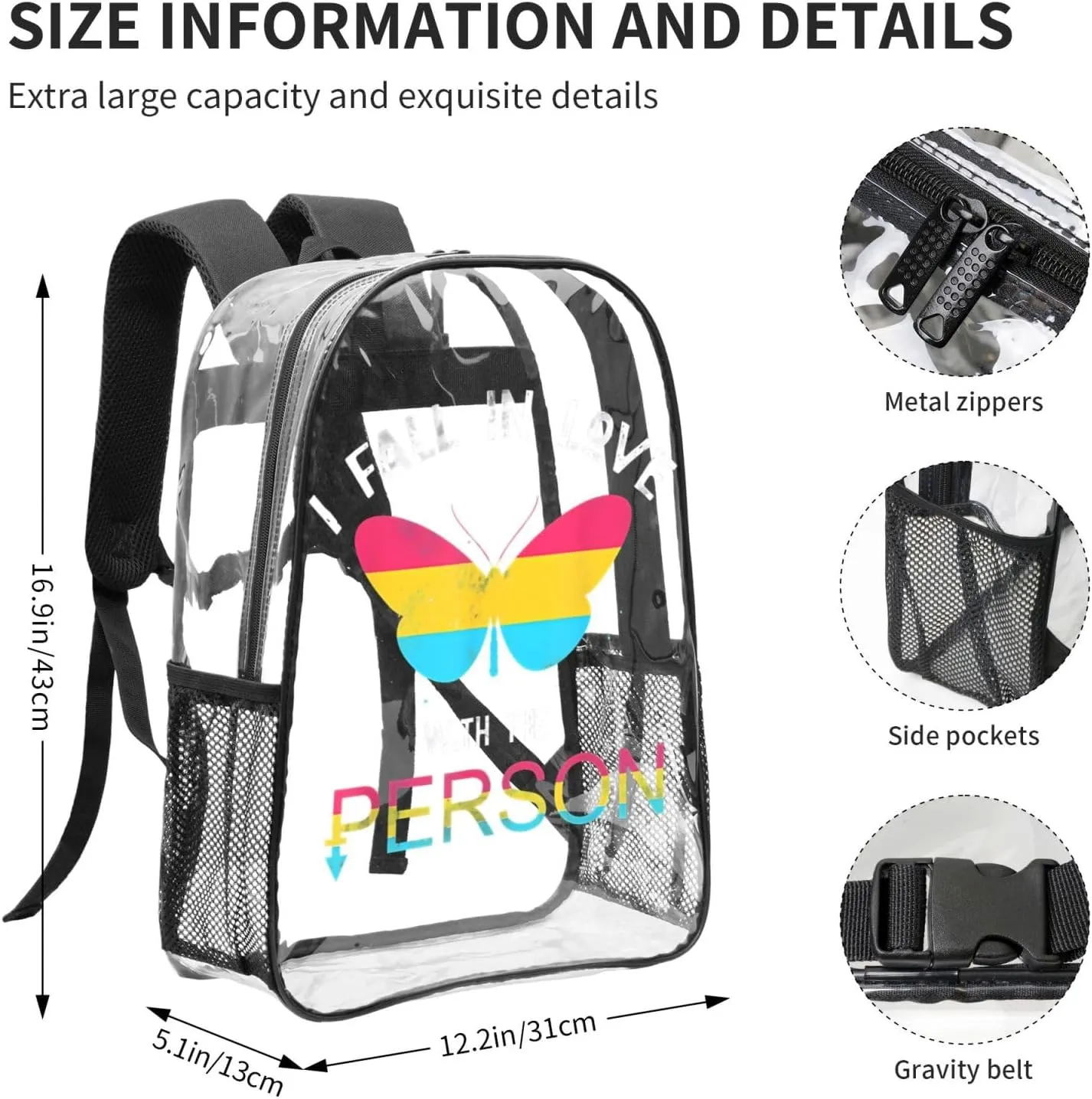 LGBT Rainbow Gay Pride Flag Butterfly I fall in love with the person Queer Pansexual 16 Inch Clear PVC Backpacks Transparent Backpack Multipurpose Double Shoulder Bag for Men Women Gifts
