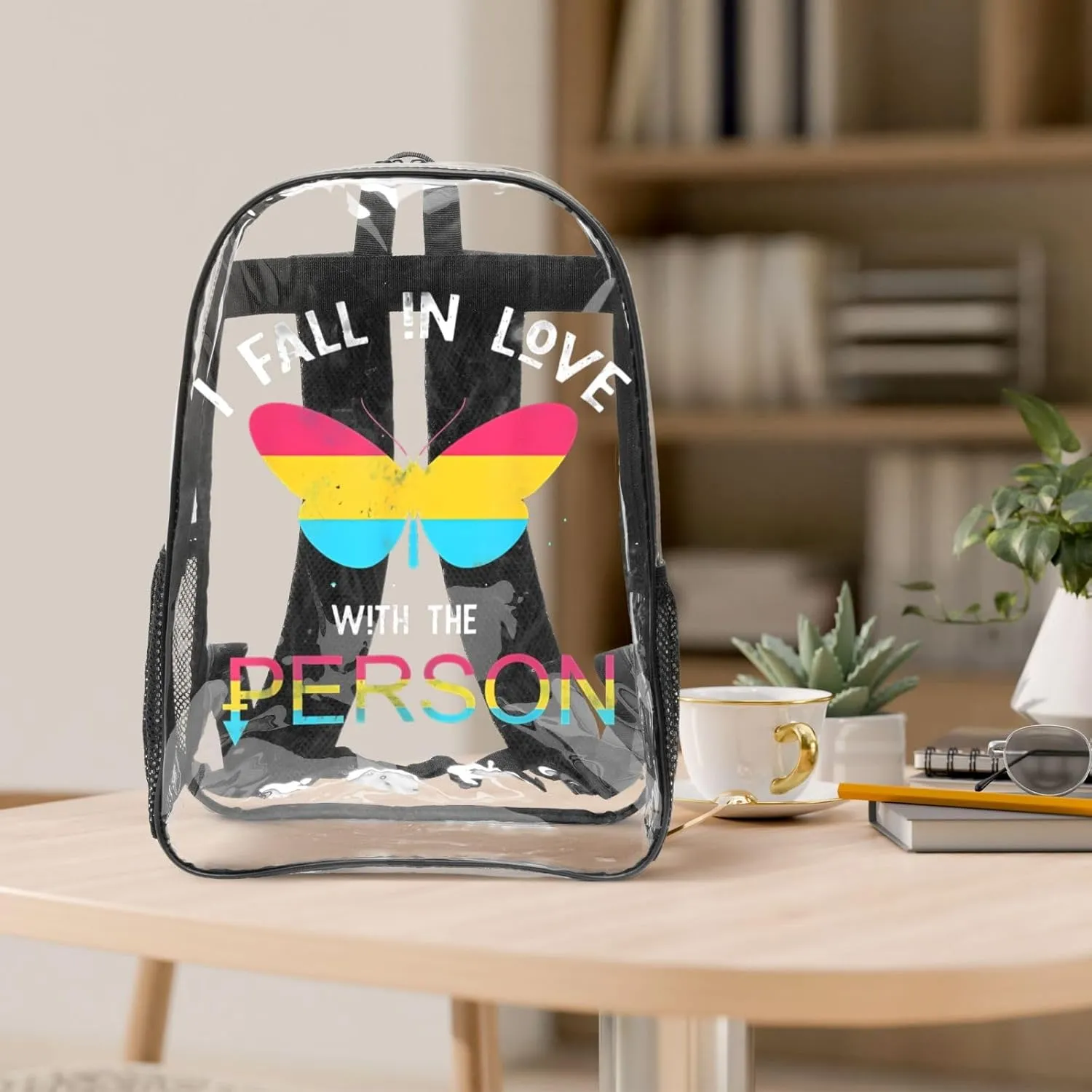 LGBT Rainbow Gay Pride Flag Butterfly I fall in love with the person Queer Pansexual 16 Inch Clear PVC Backpacks Transparent Backpack Multipurpose Double Shoulder Bag for Men Women Gifts