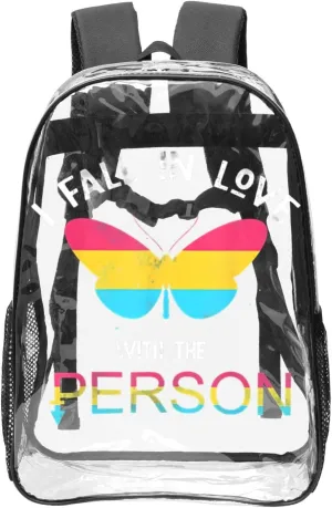 LGBT Rainbow Gay Pride Flag Butterfly I fall in love with the person Queer Pansexual 16 Inch Clear PVC Backpacks Transparent Backpack Multipurpose Double Shoulder Bag for Men Women Gifts