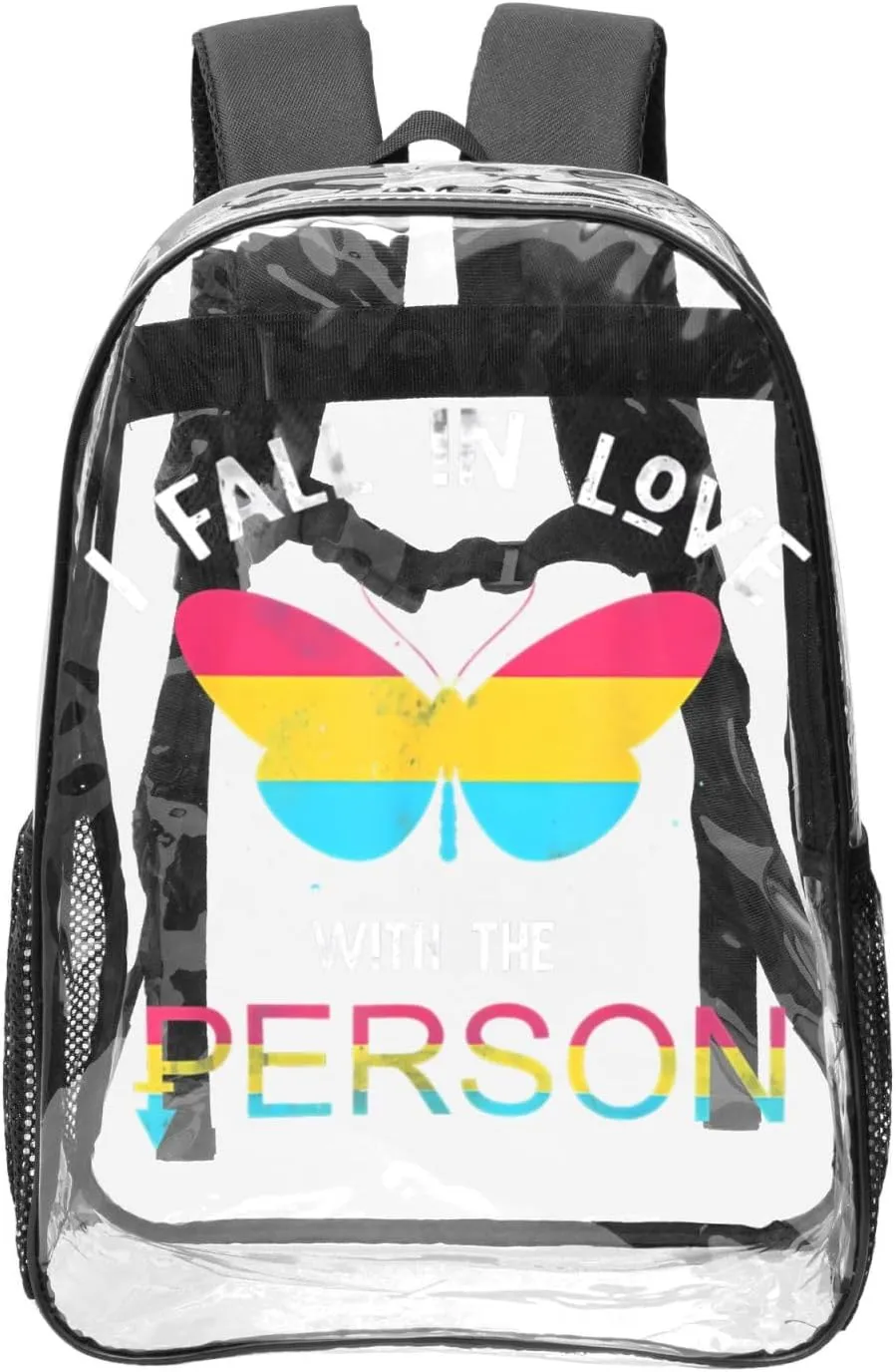 LGBT Rainbow Gay Pride Flag Butterfly I fall in love with the person Queer Pansexual 16 Inch Clear PVC Backpacks Transparent Backpack Multipurpose Double Shoulder Bag for Men Women Gifts