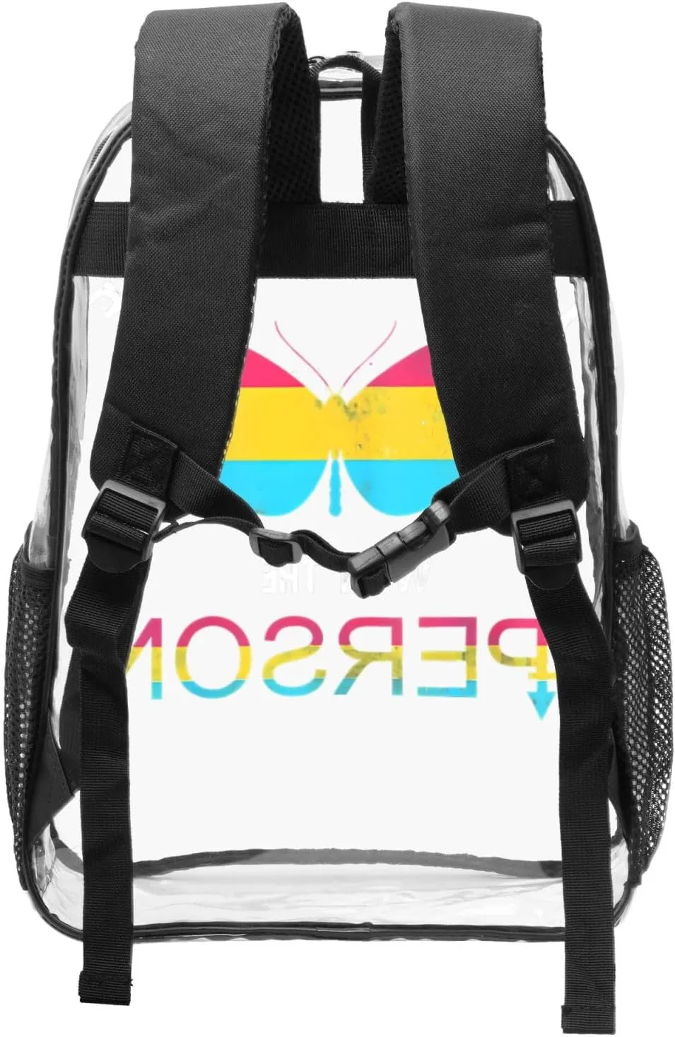 LGBT Rainbow Gay Pride Flag Butterfly I fall in love with the person Queer Pansexual 16 Inch Clear PVC Backpacks Transparent Backpack Multipurpose Double Shoulder Bag for Men Women Gifts