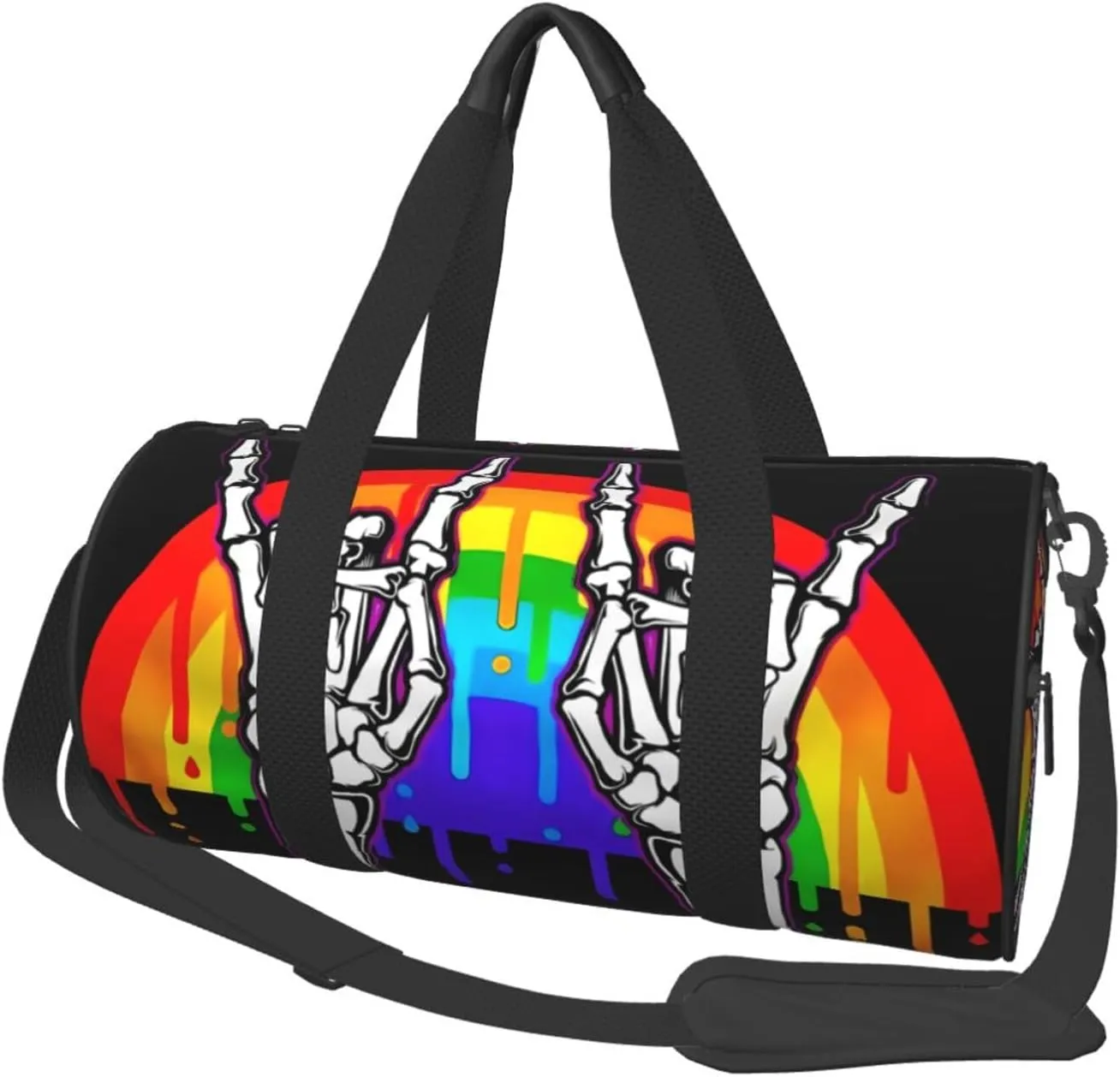 LGBT Rainbow Gay Pride Flag rock skeleton skull gesture Round Travel Duffel Bag Large Capacity Gym Sports Bags for Hiking Vacation Trips