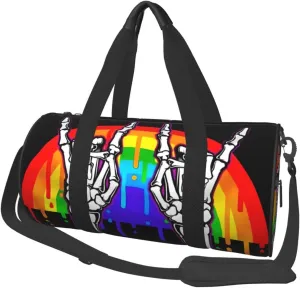 LGBT Rainbow Gay Pride Flag rock skeleton skull gesture Round Travel Duffel Bag Large Capacity Gym Sports Bags for Hiking Vacation Trips