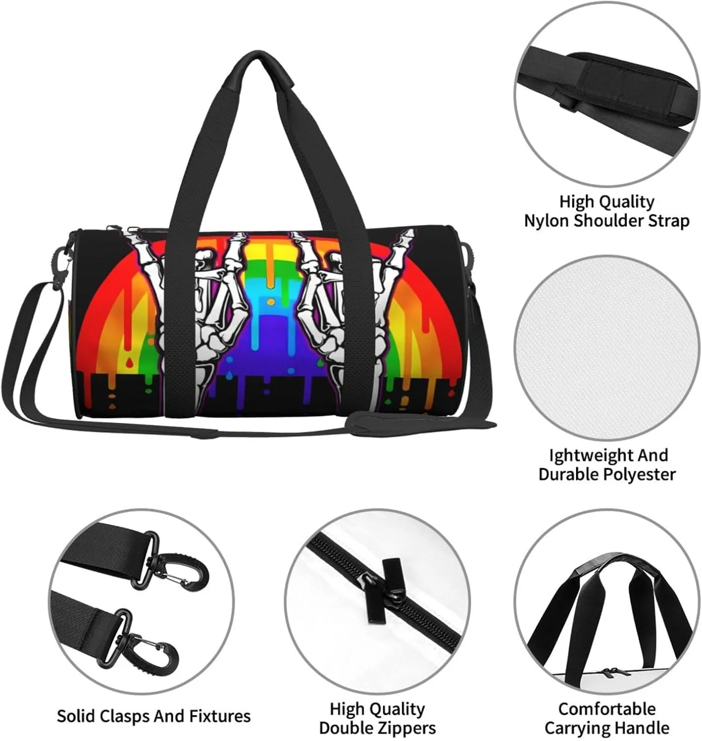 LGBT Rainbow Gay Pride Flag rock skeleton skull gesture Round Travel Duffel Bag Large Capacity Gym Sports Bags for Hiking Vacation Trips