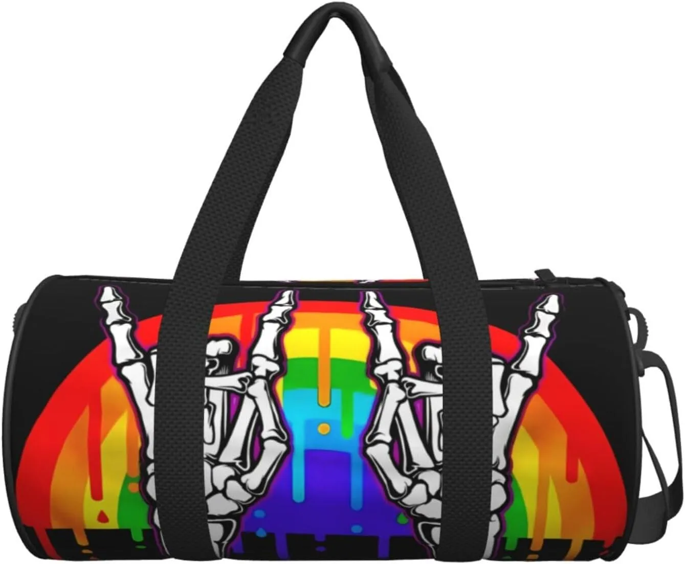 LGBT Rainbow Gay Pride Flag rock skeleton skull gesture Round Travel Duffel Bag Large Capacity Gym Sports Bags for Hiking Vacation Trips
