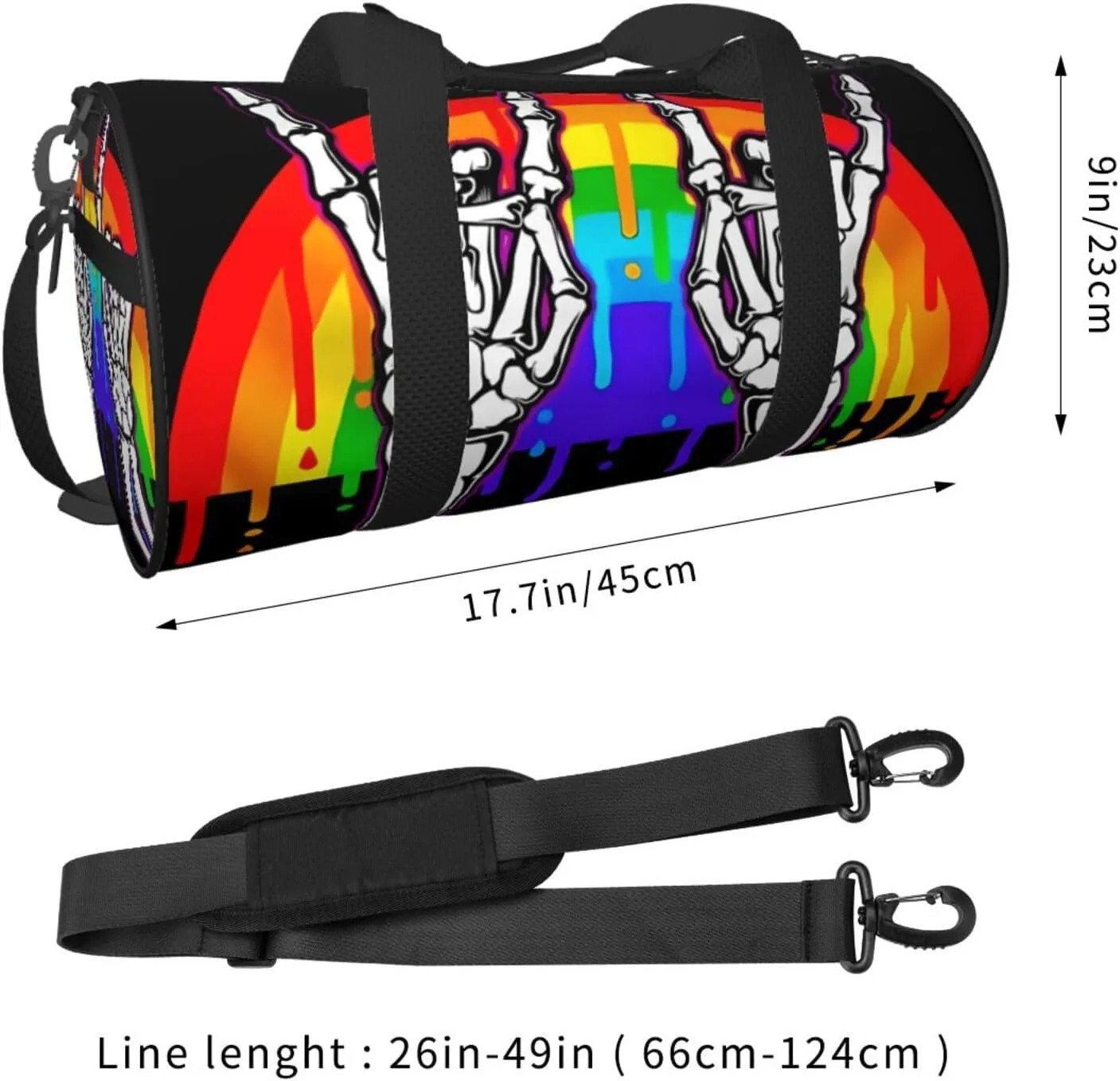 LGBT Rainbow Gay Pride Flag rock skeleton skull gesture Round Travel Duffel Bag Large Capacity Gym Sports Bags for Hiking Vacation Trips