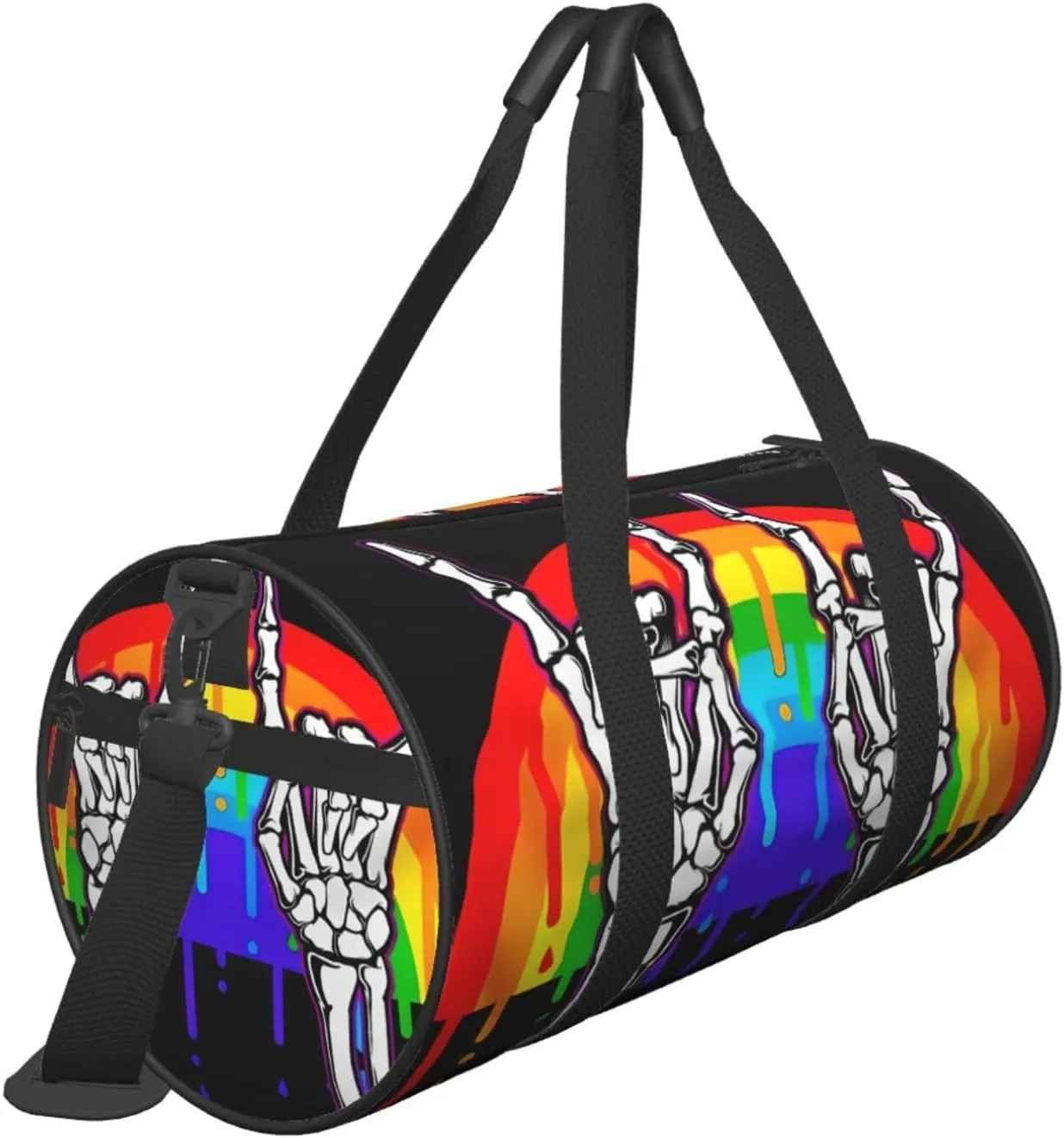 LGBT Rainbow Gay Pride Flag rock skeleton skull gesture Round Travel Duffel Bag Large Capacity Gym Sports Bags for Hiking Vacation Trips
