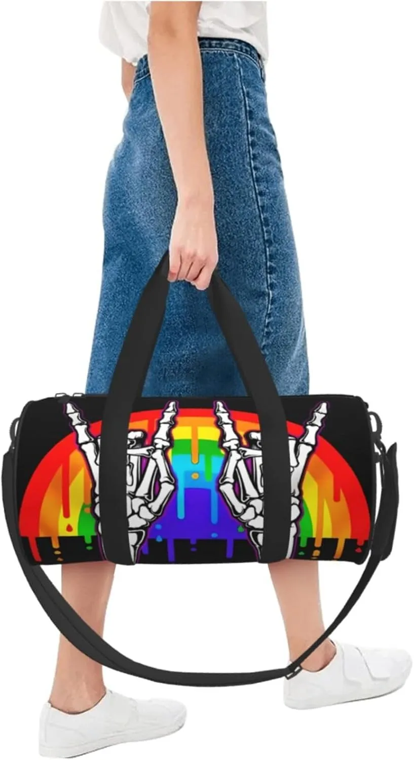 LGBT Rainbow Gay Pride Flag rock skeleton skull gesture Round Travel Duffel Bag Large Capacity Gym Sports Bags for Hiking Vacation Trips