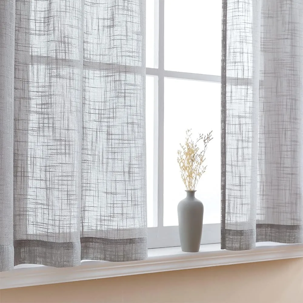 Light Grey Curtains for Bedroom 2 Panel Sets 30 Inch Length Valance Cafe Curtain Rod Pocket Tier Semi Sheer Linen Textured Polyester Short Curtains for Bathroom Small Window Gray Wide 25 In by 30L