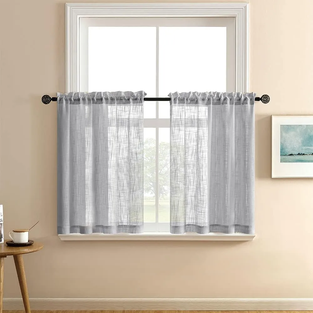 Light Grey Curtains for Bedroom 2 Panel Sets 30 Inch Length Valance Cafe Curtain Rod Pocket Tier Semi Sheer Linen Textured Polyester Short Curtains for Bathroom Small Window Gray Wide 25 In by 30L