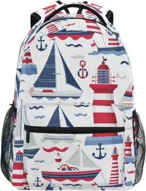 Lighthouses Sailboats Anchors Nautical Backpack 3rd 4th 5th Grade School Bookbag Travel Laptop Daypack Bag Purse for Boys Girls Teens