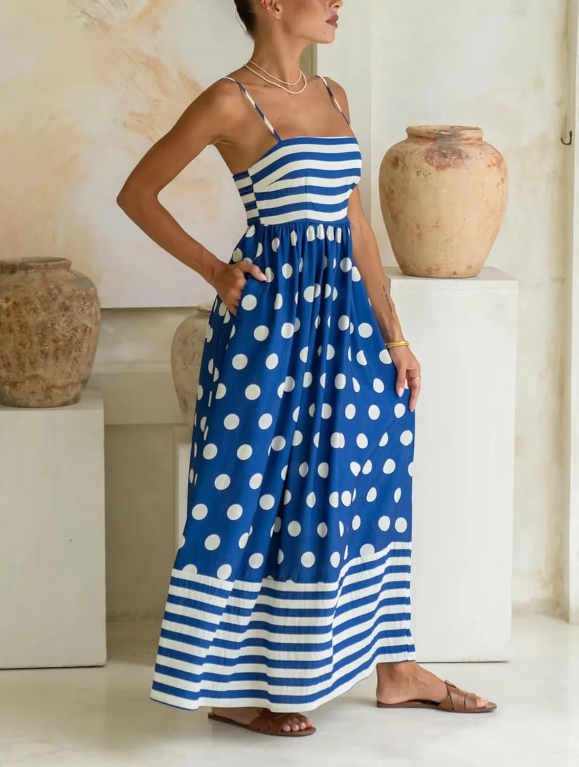 LILTWIST Women Boho Striped Flowy Maxi Dress Spaghetti Strap Backless Long Sundresses Y2k Sleeveless Swing Beach Picnic Dress