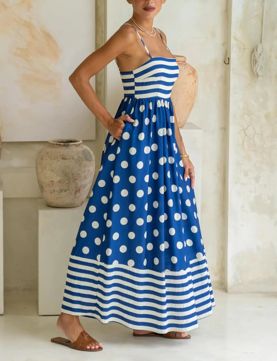 LILTWIST Women Boho Striped Flowy Maxi Dress Spaghetti Strap Backless Long Sundresses Y2k Sleeveless Swing Beach Picnic Dress