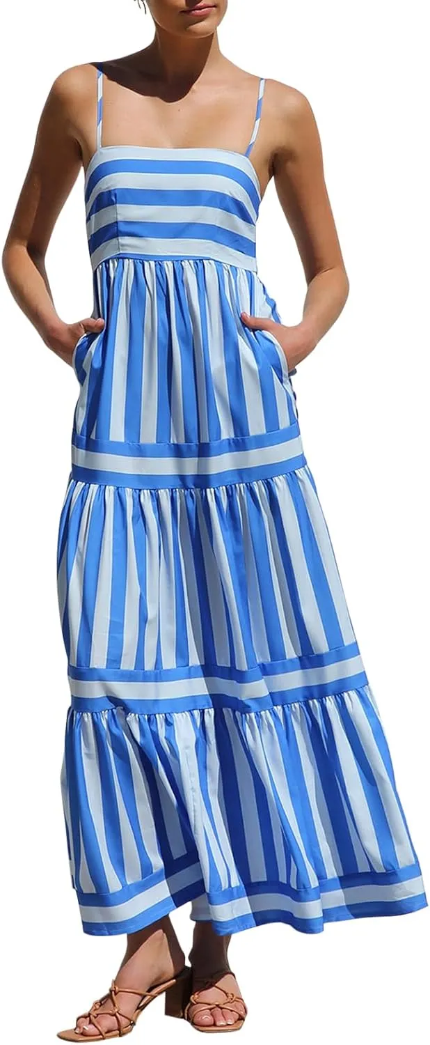 LILTWIST Women Boho Striped Flowy Maxi Dress Spaghetti Strap Backless Long Sundresses Y2k Sleeveless Swing Beach Picnic Dress