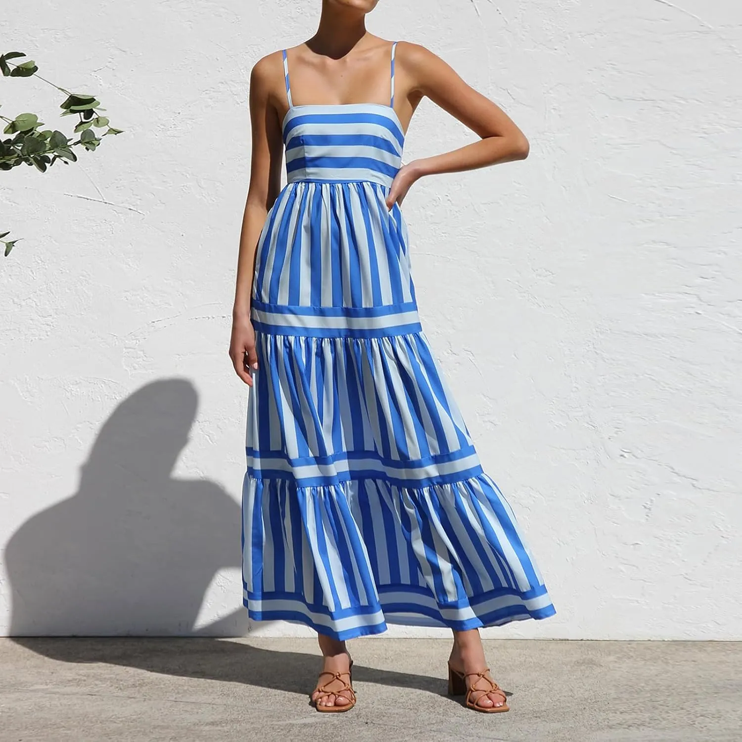 LILTWIST Women Boho Striped Flowy Maxi Dress Spaghetti Strap Backless Long Sundresses Y2k Sleeveless Swing Beach Picnic Dress