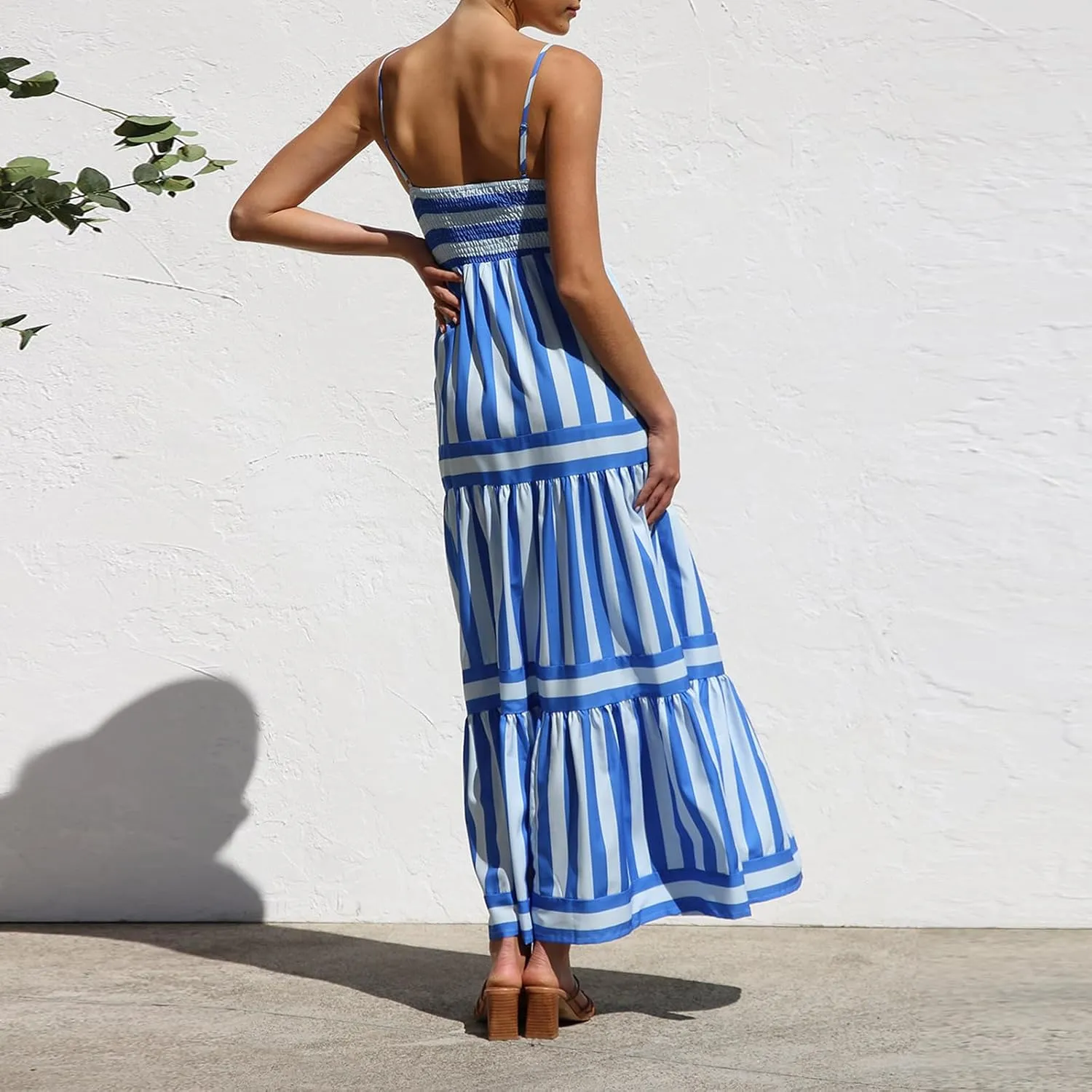 LILTWIST Women Boho Striped Flowy Maxi Dress Spaghetti Strap Backless Long Sundresses Y2k Sleeveless Swing Beach Picnic Dress