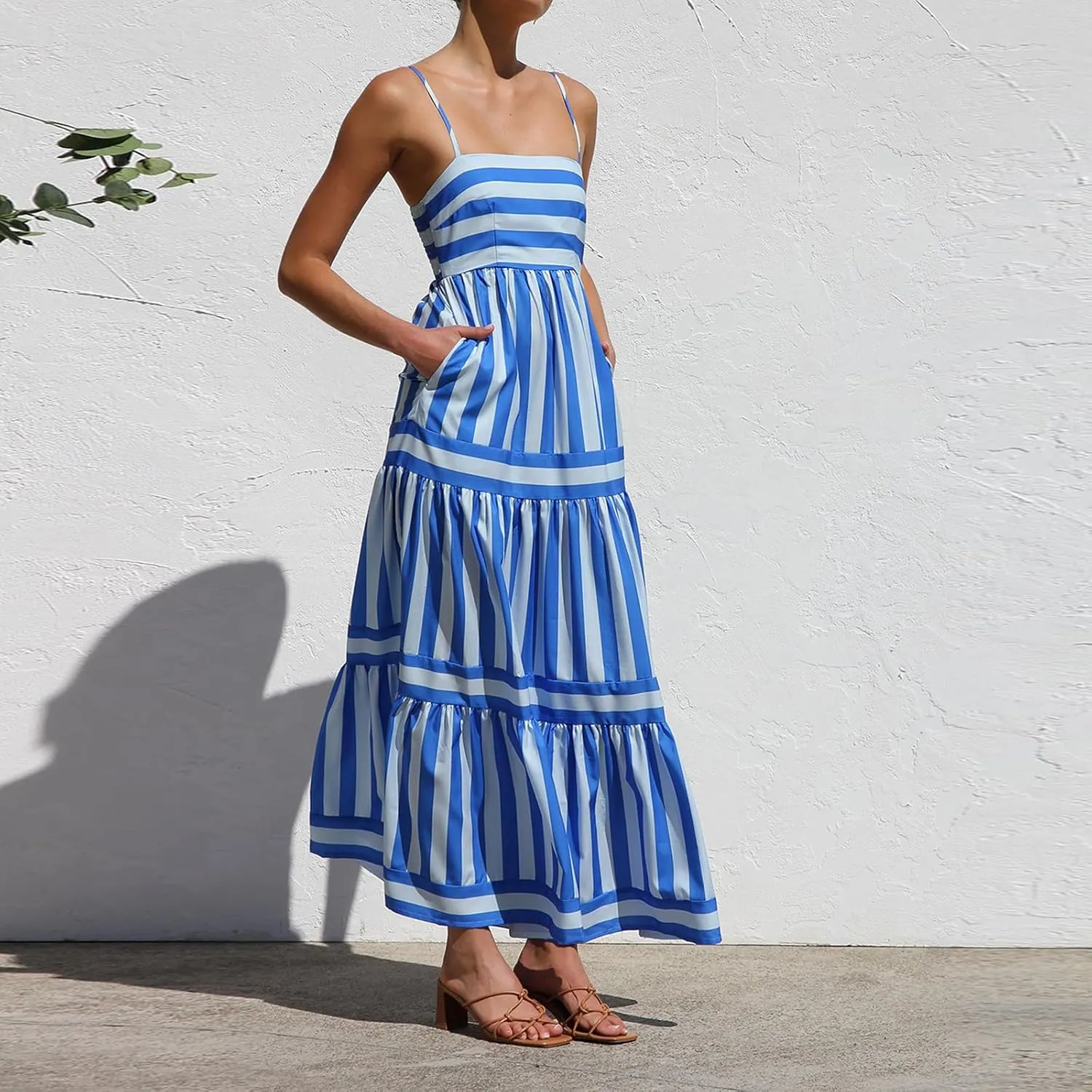 LILTWIST Women Boho Striped Flowy Maxi Dress Spaghetti Strap Backless Long Sundresses Y2k Sleeveless Swing Beach Picnic Dress