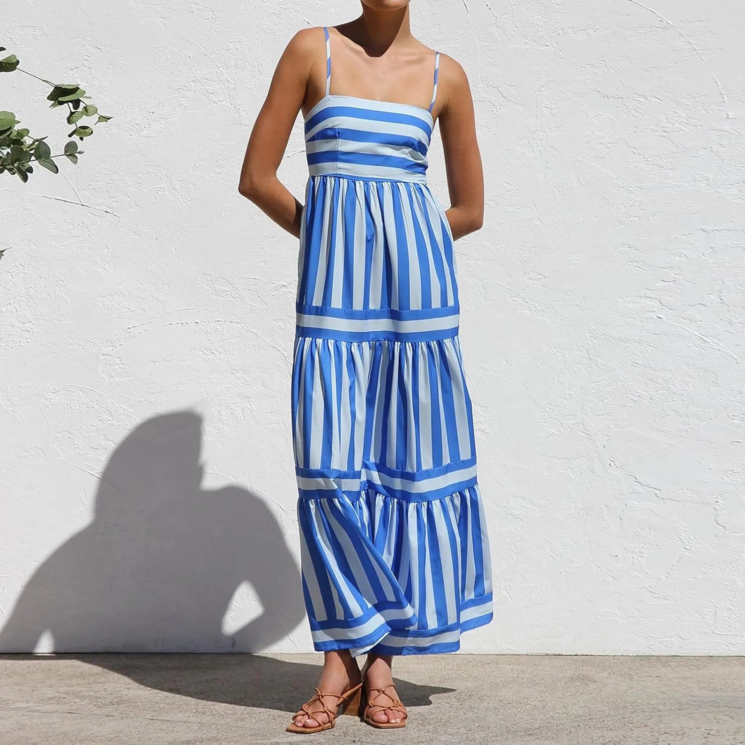 LILTWIST Women Boho Striped Flowy Maxi Dress Spaghetti Strap Backless Long Sundresses Y2k Sleeveless Swing Beach Picnic Dress