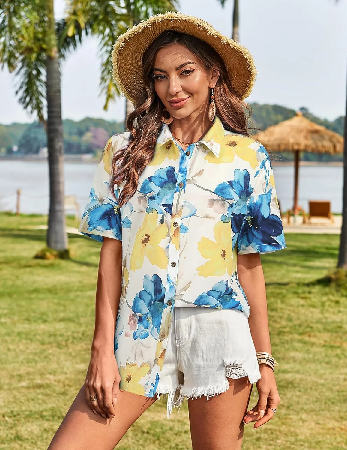 LILYCHIC Women's Hawaiian Shirts Coconut Button Summer Soft Button Down Shirts Short Sleeve