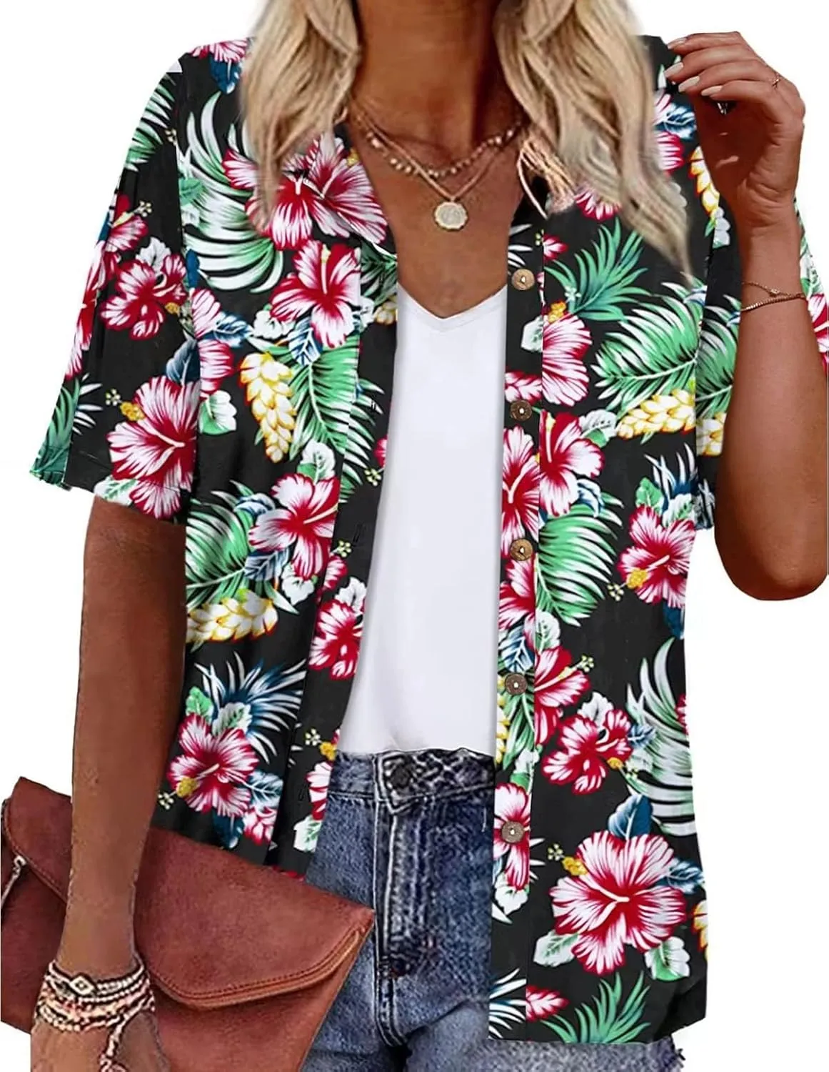 LILYCHIC Women's Hawaiian Shirts Coconut Button Summer Soft Button Down Shirts Short Sleeve