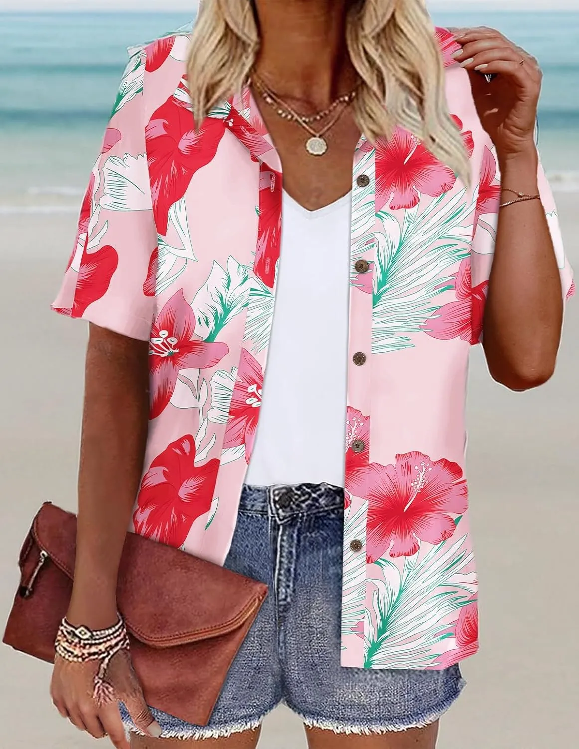LILYCHIC Women's Hawaiian Shirts Coconut Button Summer Soft Button Down Shirts Short Sleeve