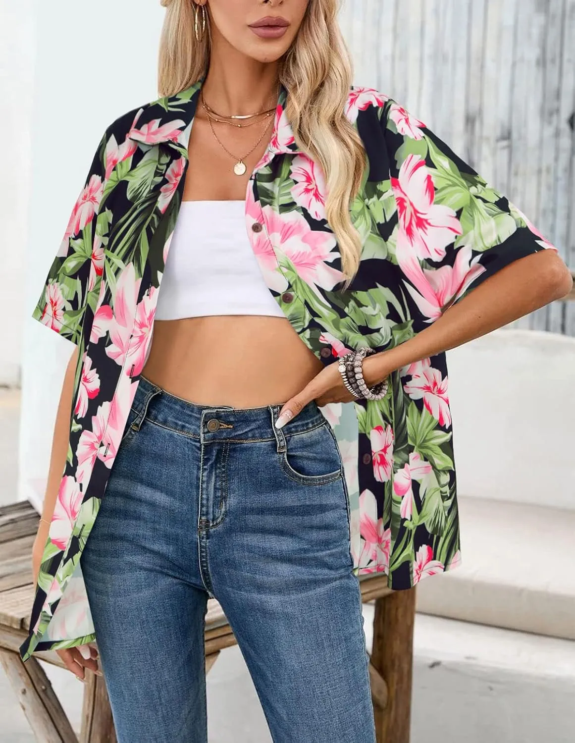 LILYCHIC Women's Hawaiian Shirts Coconut Button Summer Soft Button Down Shirts Short Sleeve