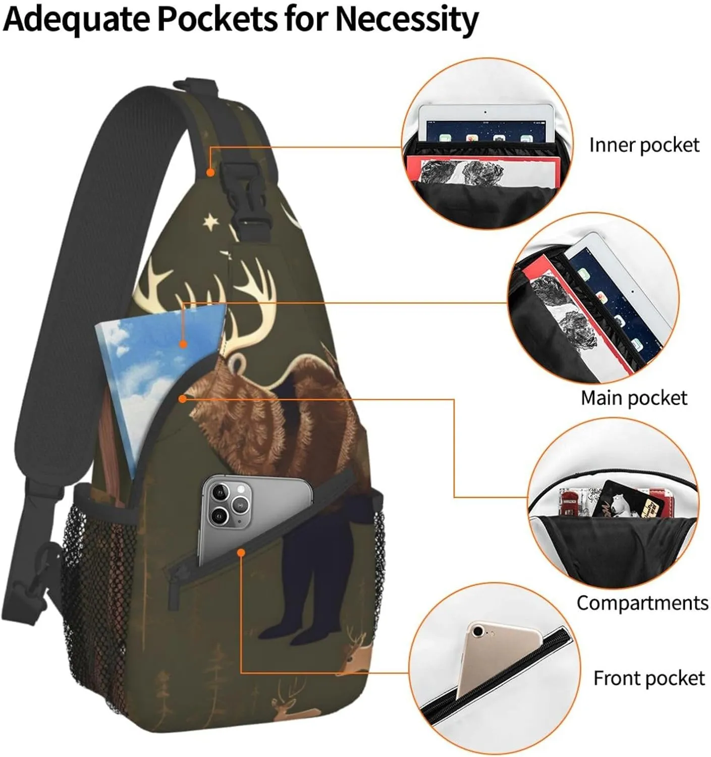 Lodge Bear Deer Unisex Casual Diagonal Chest Bag,Multipurpose Crossbody Shoulder Bag Travel Hiking Daypack