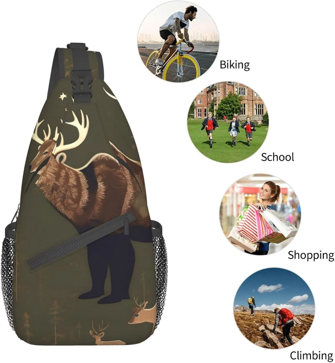 Lodge Bear Deer Unisex Casual Diagonal Chest Bag,Multipurpose Crossbody Shoulder Bag Travel Hiking Daypack