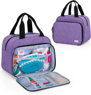 LoDrid Small Knitting Bag, Portable Yarn Storage Bag for Crochet Kit, Tote Organizer for Crochet Accessories & Supplies, with 2 Oversize Grommets for Tangle Free, Purple