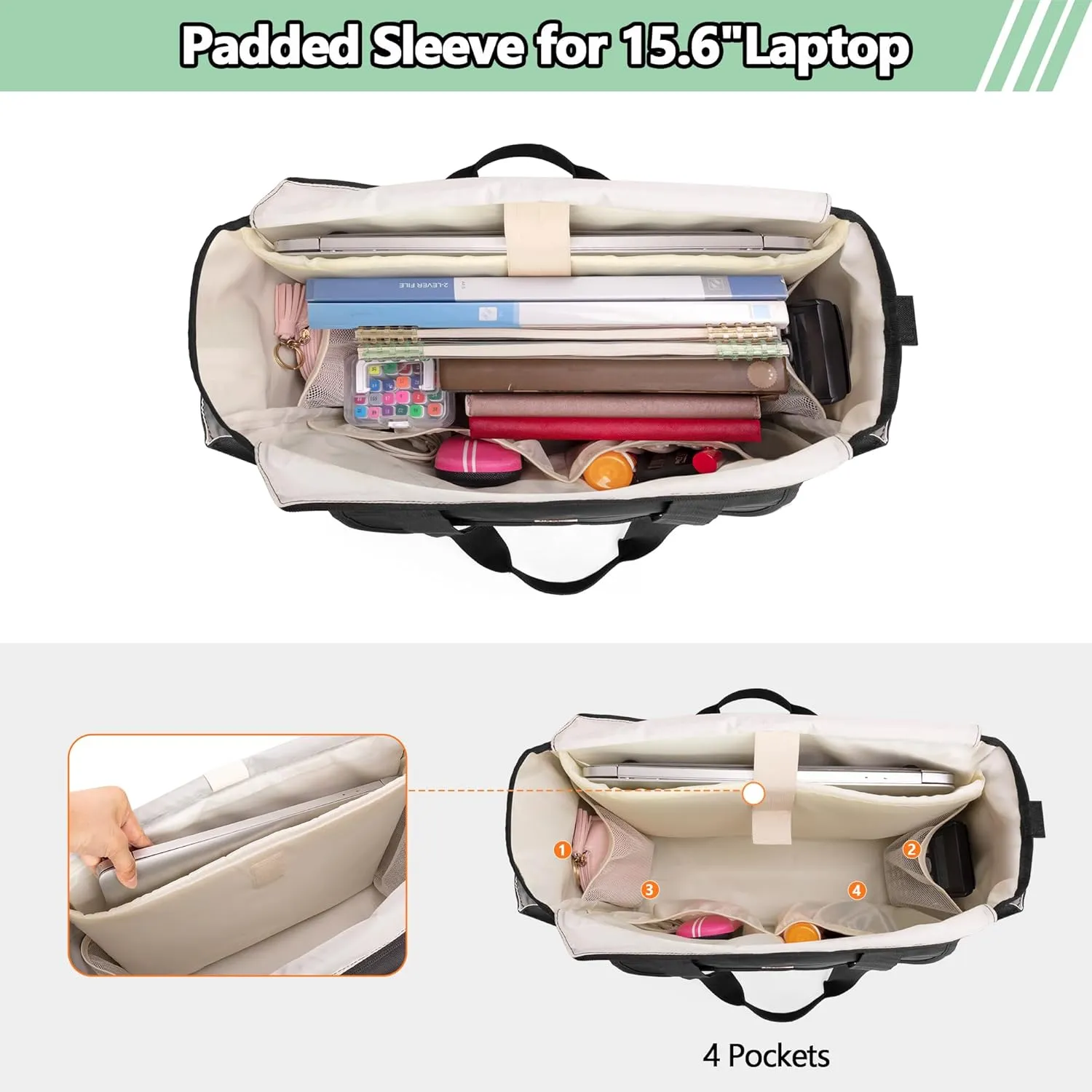 LoDrid Teacher Tote Bag with 15.6” Laptop Padded Sleeve, Utility Bag with Top Zipper Closure and Large Compartment for Work
