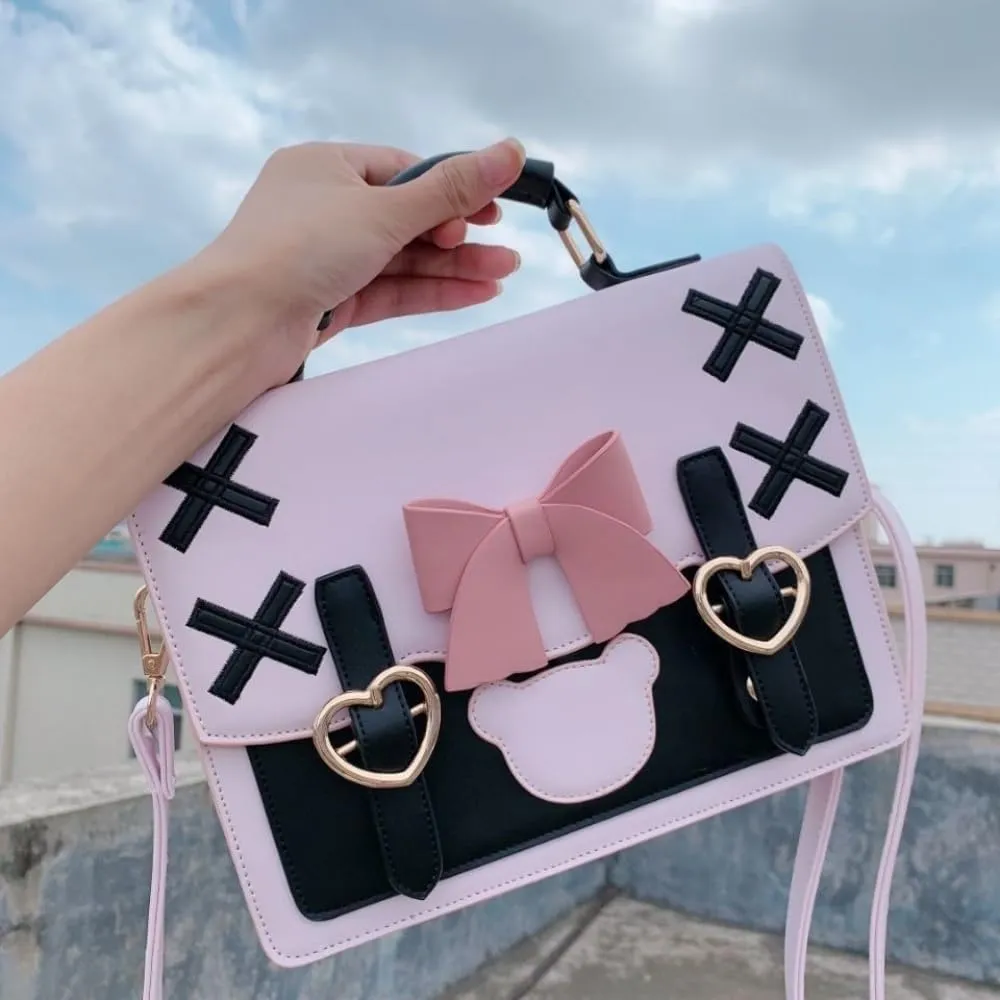 Lolita Messenger Bag PU Leather Satchel Handbag Japanese Backpack Black JK Shoulder Bag Kawaii Bear Bag for Women