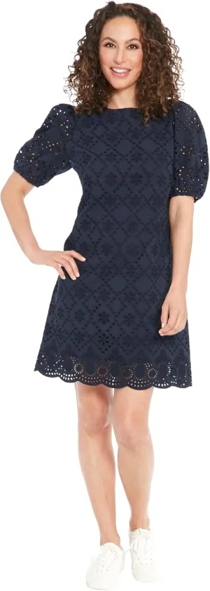 London Times Summer Puff Sleeve Mini Short Cotton Eyelet Womens Dresses