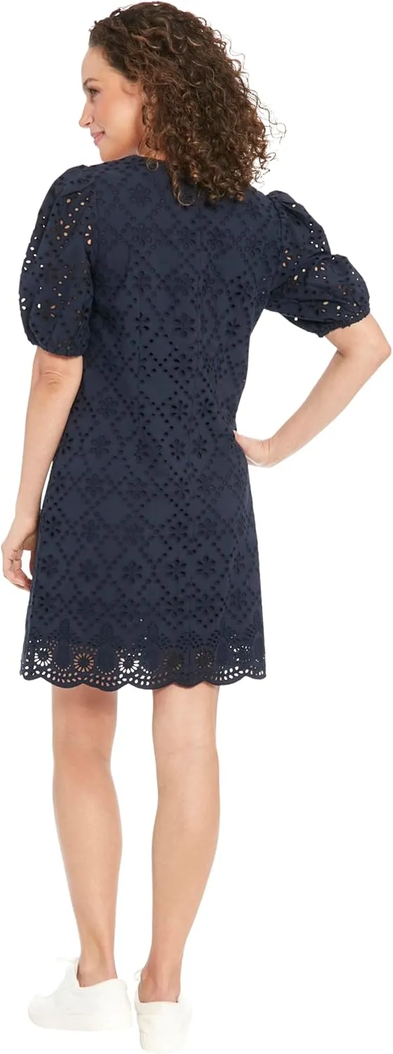 London Times Summer Puff Sleeve Mini Short Cotton Eyelet Womens Dresses