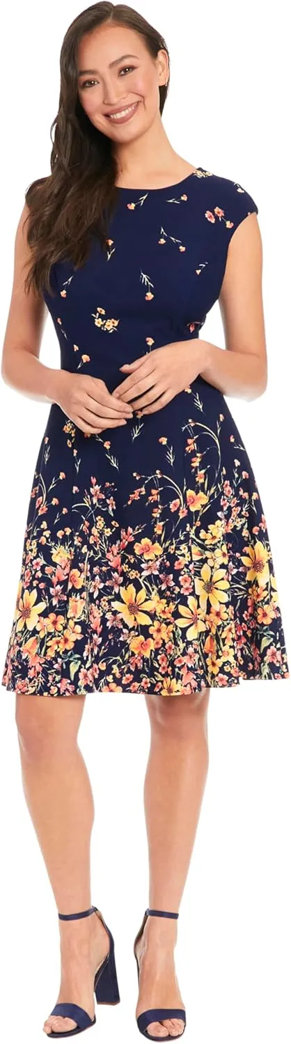 London Times Women's Cap Sleeve Fit and Flare