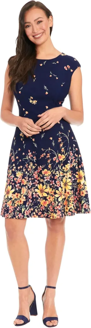 London Times Women's Cap Sleeve Fit and Flare