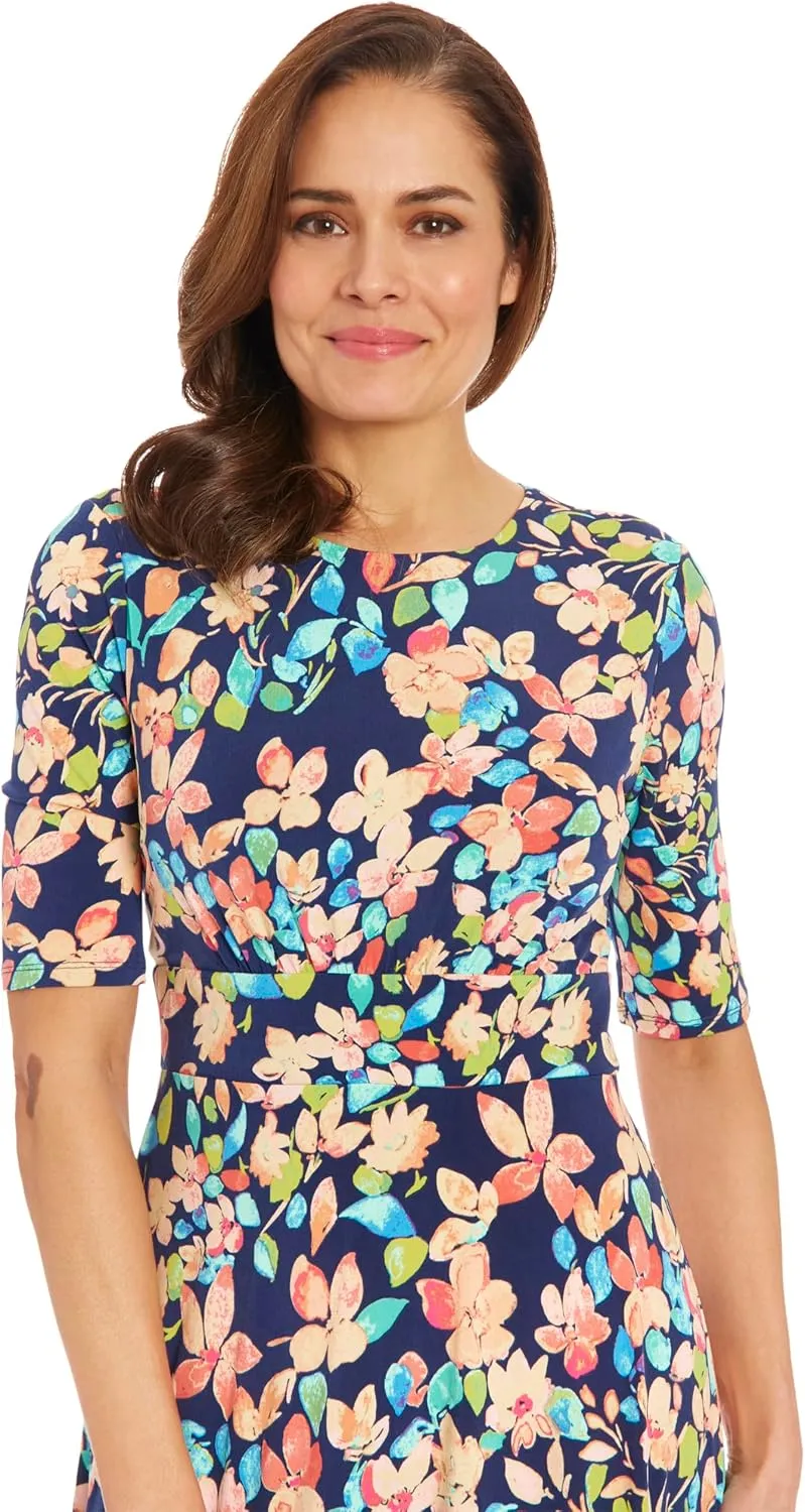 London Times Womens Elbow Sleeve A-line Midi-Pretty Garden Party Special Occasion Wedding Guest Dress