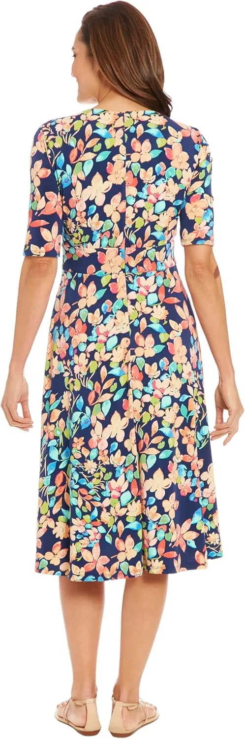 London Times Womens Elbow Sleeve A-line Midi-Pretty Garden Party Special Occasion Wedding Guest Dress